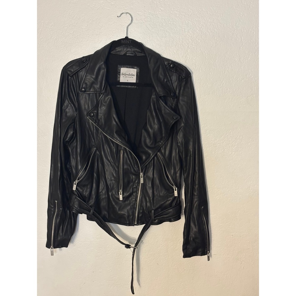 Chelsea DeBoer Lily & Lottie Black Faux Leather Belted Moto Biker Jacket Large - Picture 2 of 8
